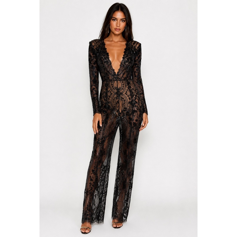 New Age Rebel Black Sequin Sheer Mesh Jumpsuit Dress Overlay Size S NWT